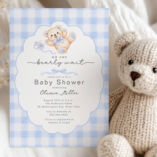 Invitation Bearly Wait Blue Teddy Bear Baby Shower Invite