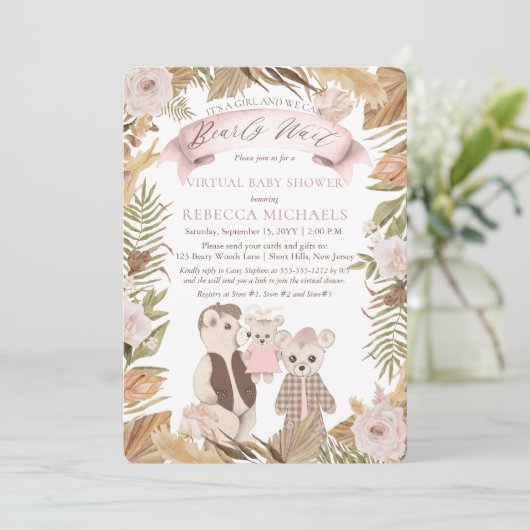 Invitation Bearly Wait Boho Bear Famille Baby shower virtuel (Debout devant)
