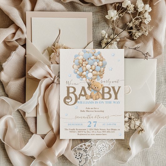 Invitation Bearly Wait Boho Blue Balloon Baby shower garçon