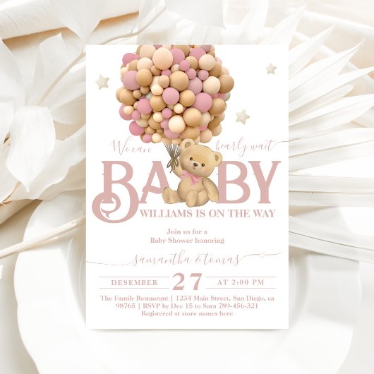 Invitation Bearly Wait Boho Pink Balloon Baby Girl Douche