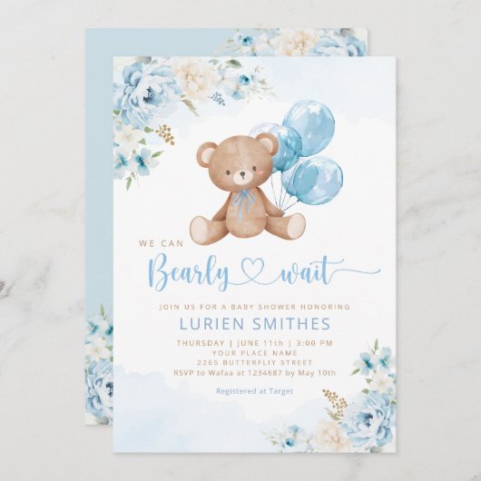 Invitation Bearly Wait Boho Teddy Bear Boy Baby shower (Devant / Derrière)