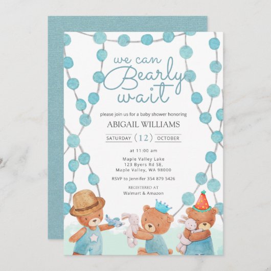 Invitation Bearly Wait Cute Aquarelle Teddy Bear Baby shower (Devant / Derrière)