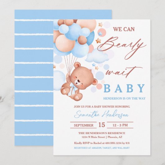 Invitation Bearly Wait Hot Air Balloon Baby shower Blue Boy (Devant / Derrière)