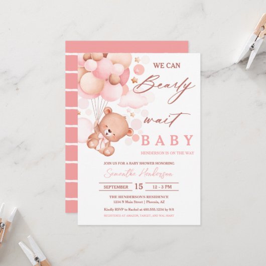 Invitation Bearly Wait Hot Air Balloon Baby shower rose (Devant/Arrière en situation)