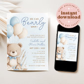 Invitation Bearly Wait Neutral Bleu et Baby shower blanc