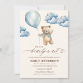 Invitation Bearly Wait Neutre Beige & Baby shower Garçon Bleu (Devant)
