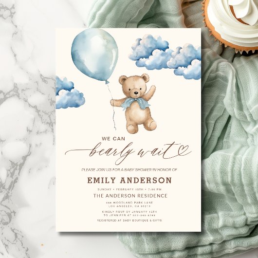 Invitation Bearly Wait Neutre Beige & Baby shower Garçon Bleu