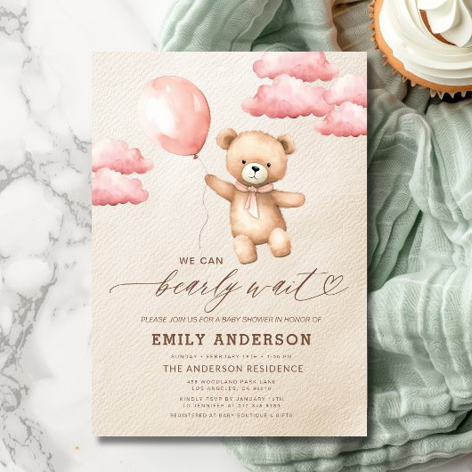Invitation Bearly Wait Neutre Beige & Baby shower Rose fille