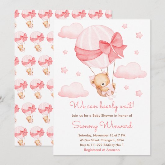 Invitation Bearly Wait Pink Balloon Girl Baby shower (Devant / Derrière)