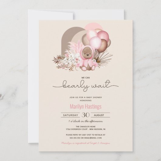 Invitation Bearly Wait Pink Boho Teddy Bear Girl Baby shower (Devant)