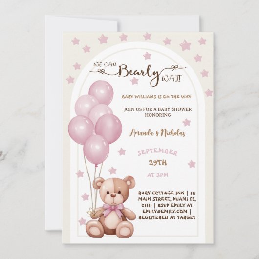 Invitation Bearly Wait Pink Rustic Balloons Baby Girl Douche (Devant)