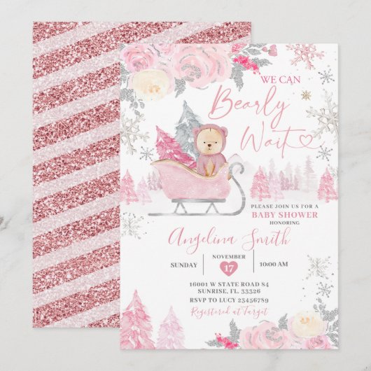 Invitation Bearly Wait Pink Snowflake Baby shower Floral (Devant / Derrière)