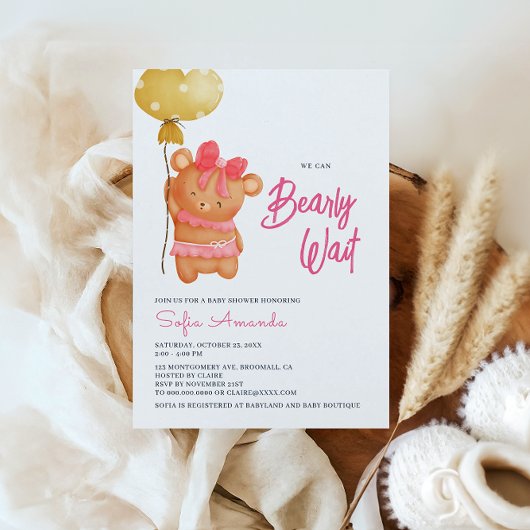 Invitation Bearly Wait Pink Teddy Bear Baby shower