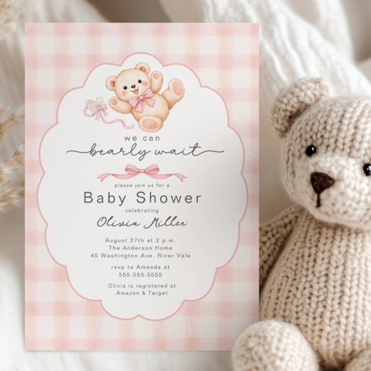 Invitation Bearly Wait Pink Teddy Bear Baby Shower Invite