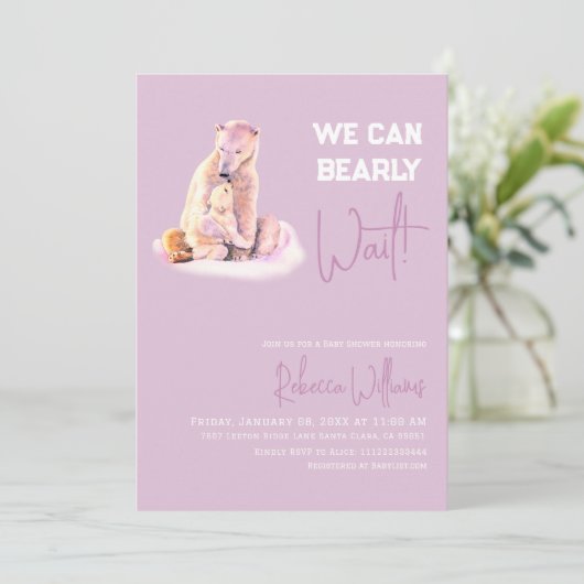 Invitation Bearly Wait Polaire Ours rose Baby shower d'hiver (Debout devant)