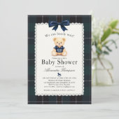 Invitation Bearly Wait Polo Bear Plaid Tartan Bow Baby Shower (Debout devant)