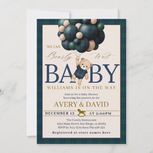 Invitation Bearly Wait Preppy Teddy Balloon Baby Shower (Devant)