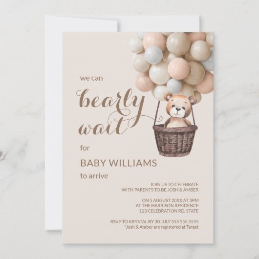 Invitation Bearly Wait Teddy Balloons Girl Baby shower (Devant)