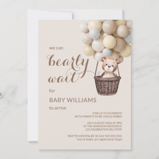 Invitation Bearly Wait Teddy Balloons Jaune Baby shower (Devant)
