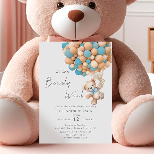 Invitation Bearly Wait Teddy Bear Baby shower Bleu Balloon