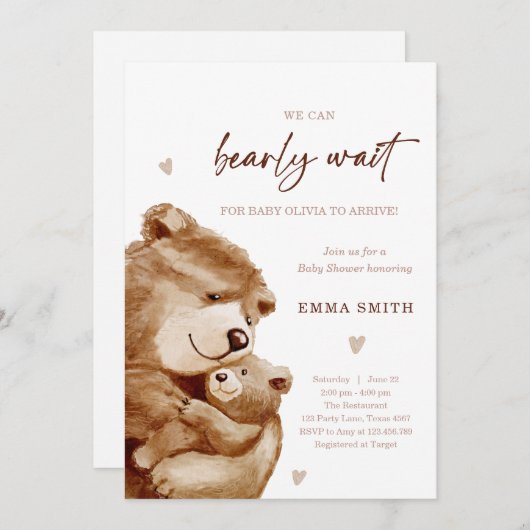 Invitation Bearly Wait Teddy Bear Boho Neutral Baby Shower (Devant / Derrière)