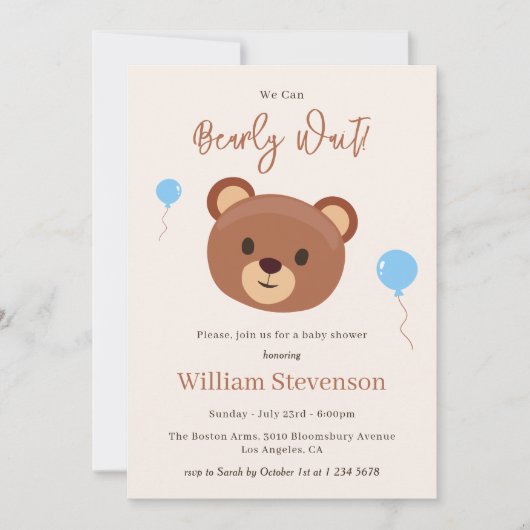 Invitation Bearly Wait Teddy Bear Brown Blue Boy Baby shower (Devant)