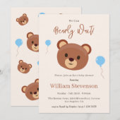 Invitation Bearly Wait Teddy Bear Brown Blue Boy Baby shower (Devant / Derrière)