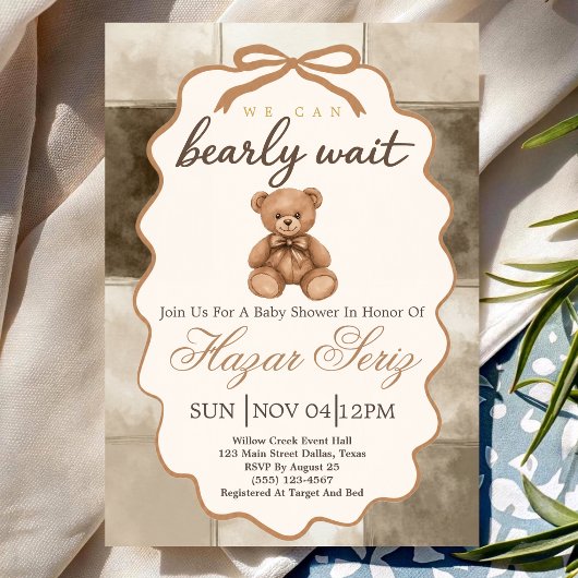 Invitation Bearly Wait Teddy Bear Fête de Naissance Neutre