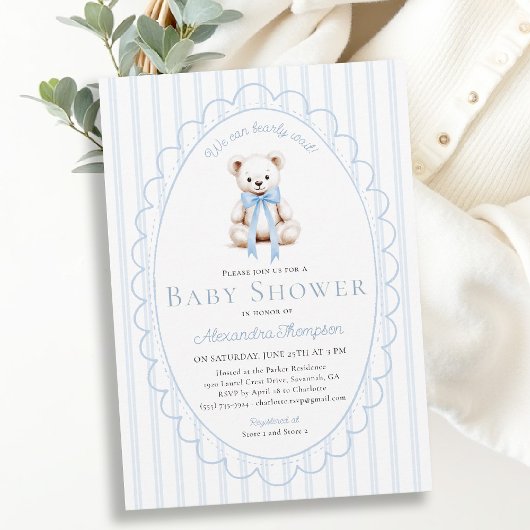 Invitation Bearly Wait Teddy Blue Stripes Bow Baby Shower