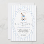 Invitation Bearly Wait Teddy Blue Stripes Bow Baby Shower (Devant)
