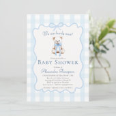 Invitation Bearly Wait Teddy Bow Blue Gingham Baby Shower (Debout devant)
