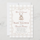 Invitation Bearly Wait Teddy Bow Neutral Gingham Baby Shower (Devant)