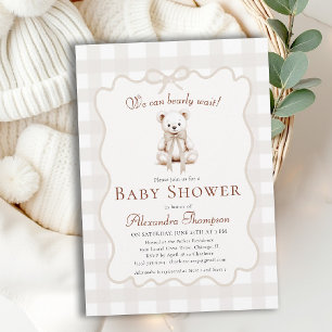 Invitation Bearly Wait Teddy Bow Neutral Gingham Baby Shower