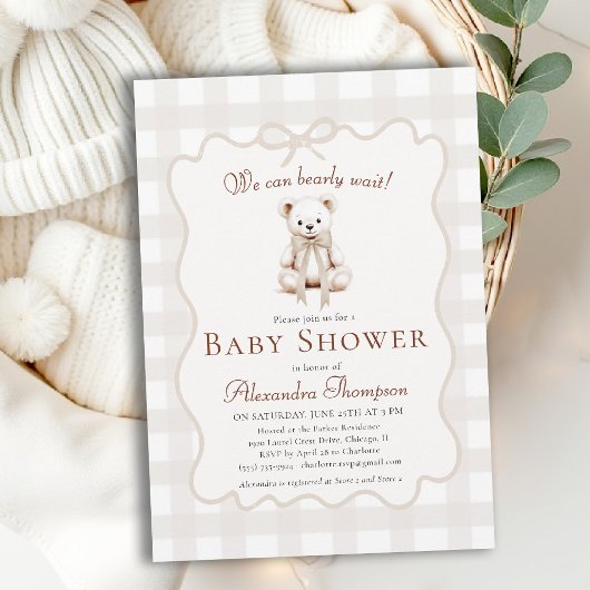 Invitation Bearly Wait Teddy Bow Neutral Gingham Baby Shower