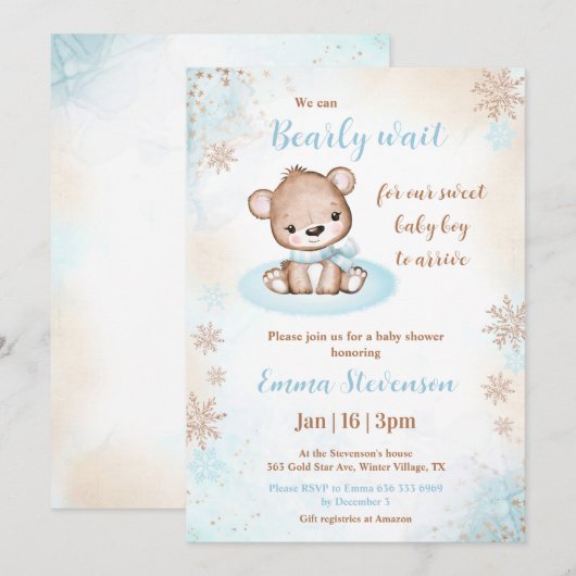 Invitation Bearly Wait Winter Bear Blue Gold Boy Baby shower (Devant / Derrière)