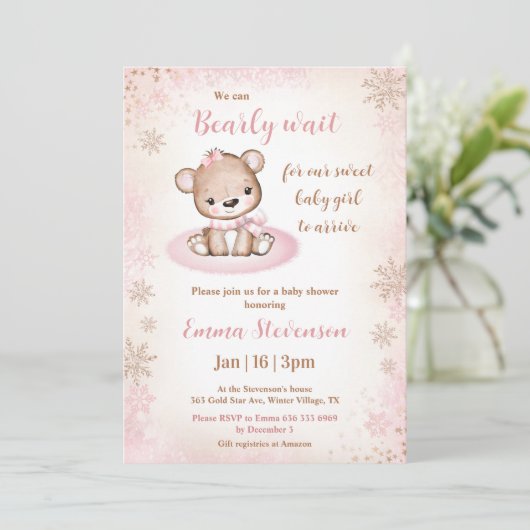 Invitation Bearly Wait Winter Bear Rose Gold Girl Baby shower (Debout devant)