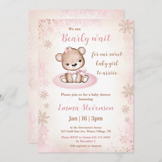 Invitation Bearly Wait Winter Bear Rose Gold Girl Baby shower (Devant / Derrière)