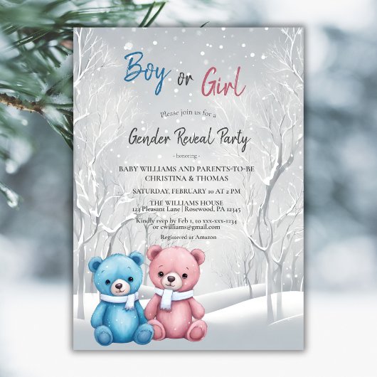 Invitation Bears d'hiver mignonne Fête de révélation de genre