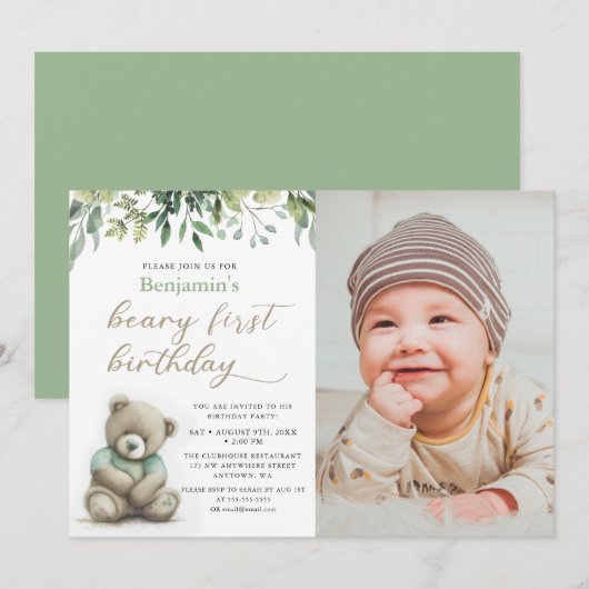 Invitation Beary 1er anniversaire aquarelle Teddy Bear Photo (Devant / Derrière)