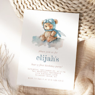 Invitation Beary 1er Anniversaire Bleu Aquarelle Teddy Bear