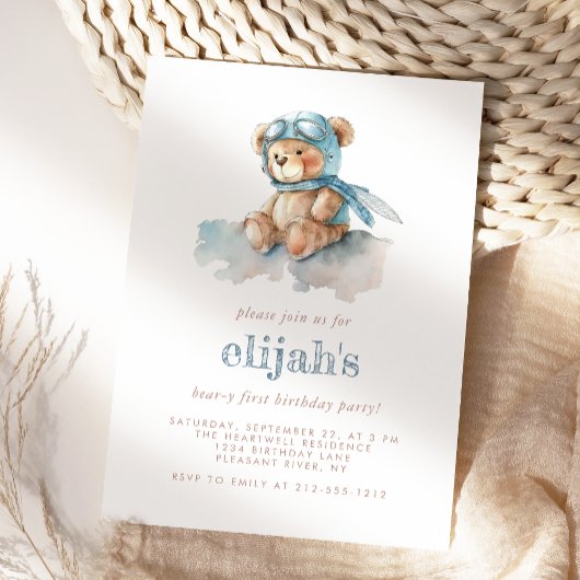 Invitation Beary 1er Anniversaire Bleu Aquarelle Teddy Bear