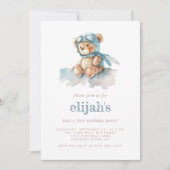 Invitation Beary 1er Anniversaire Bleu Aquarelle Teddy Bear (Devant)