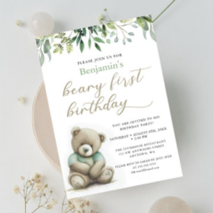Invitation Beary 1er Anniversaire Teddy Bear Feuilles