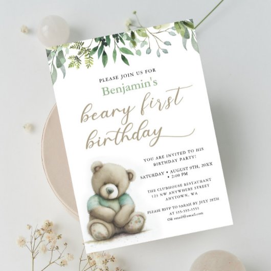 Invitation Beary 1er Anniversaire Teddy Bear Feuilles