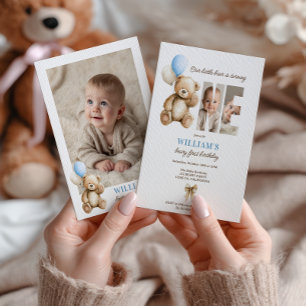 Invitation Beary 1er anniversaire Teddy Bear Photo Blue Ballo