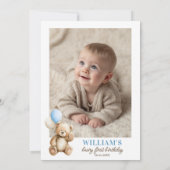 Invitation Beary 1er anniversaire Teddy Bear Photo Blue Ballo (Dos)