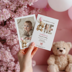 Invitation Beary 1er anniversaire Teddy Bear Photo Pink Ballo