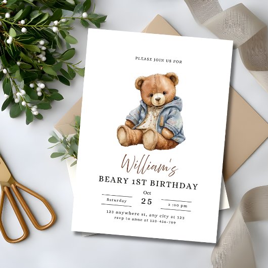 Invitation Beary 1st Birthday Teddy Bear Boy Birthday Party