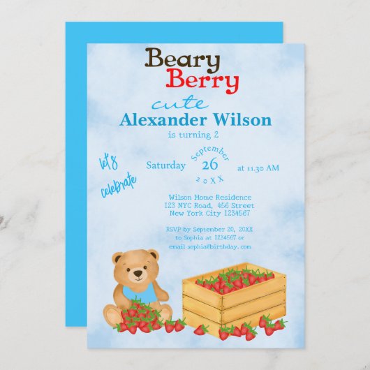 Invitation Beary Berry Cute Blue Cub's Strawberries Anniversa (Devant / Derrière)