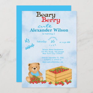 Invitation Beary Berry Cute Blue Cub's Strawberries Anniversa